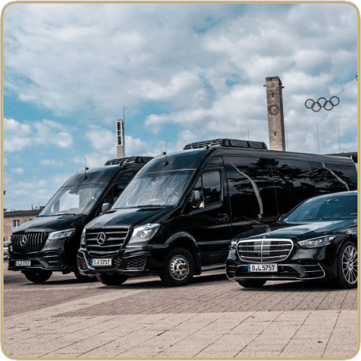 Mercedes luxury vehicles in front of the Olympic Stadium Berlin