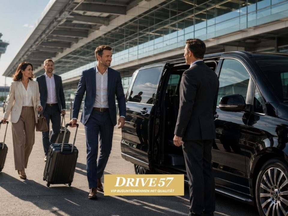 Business Reisende werden am Flughafen von einem Chauffeur mit VIP Shuttle empfangen
