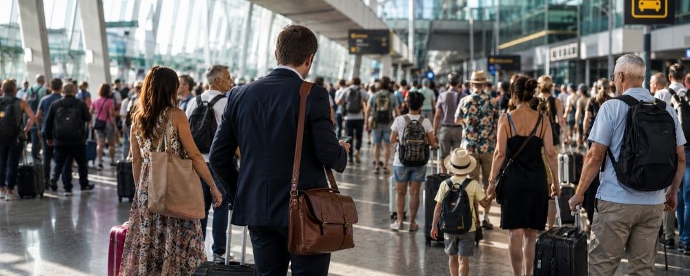 Geschäftsreisender wartet mit Koffer in einem vollen Flughafen während der Sommerferien