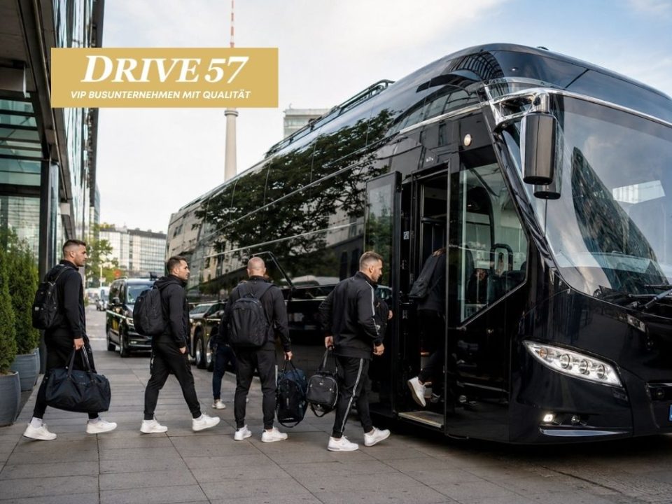 Sportmannschaft steigt in Berlin mit Gepäck in den Teambus von Drive 57 ein