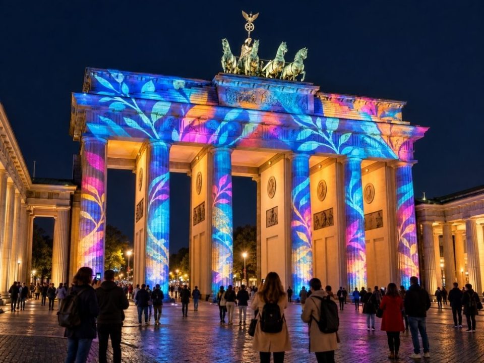 Brandenburger Tor beim Festival of Lights in Berlin bunt illuminiert