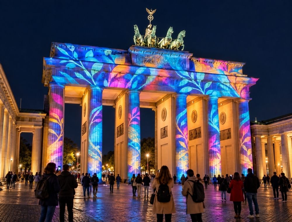 Brandenburger Tor beim Festival of Lights in Berlin bunt illuminiert