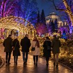Gruppe spaziert durch den beleuchteten Christmas Garden in Berlin