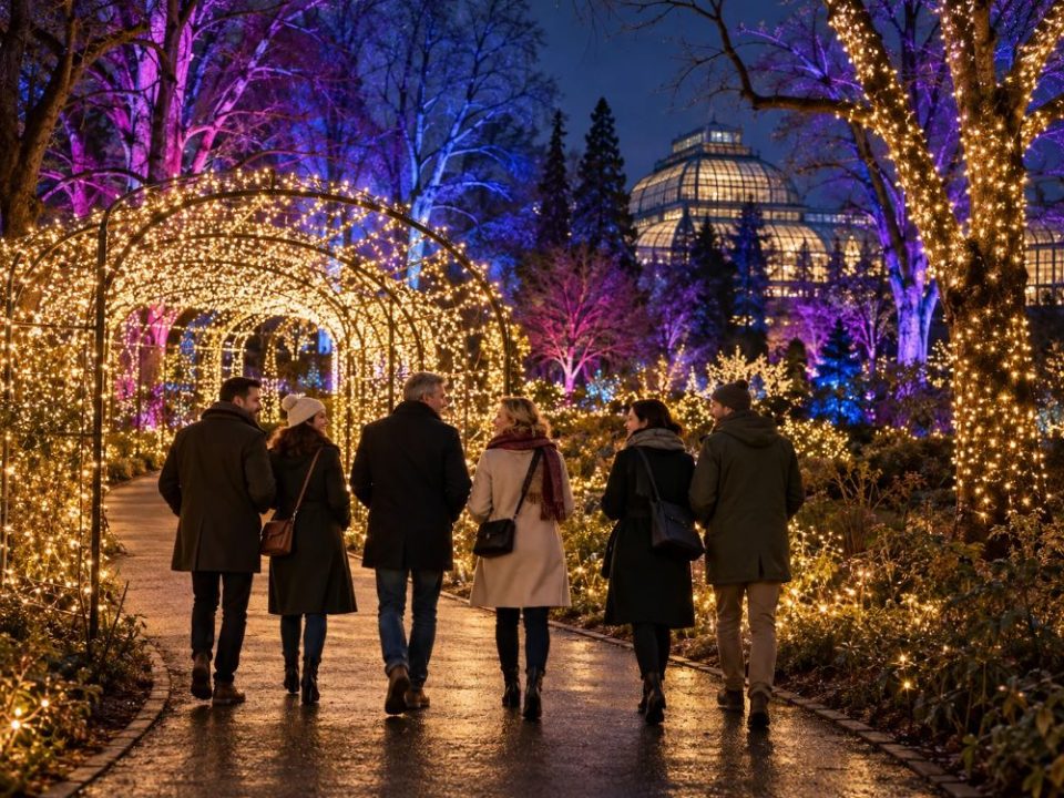 Gruppe spaziert durch den beleuchteten Christmas Garden in Berlin