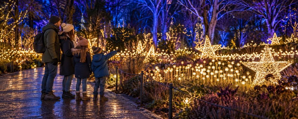 Familie betrachtet Lichtsterne im Christmas Garden Berlin